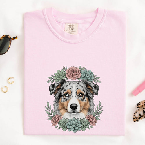 Australian Shepherd Shirt for Women – Floral Garden Cactus Realistic Dog Graphic Tee