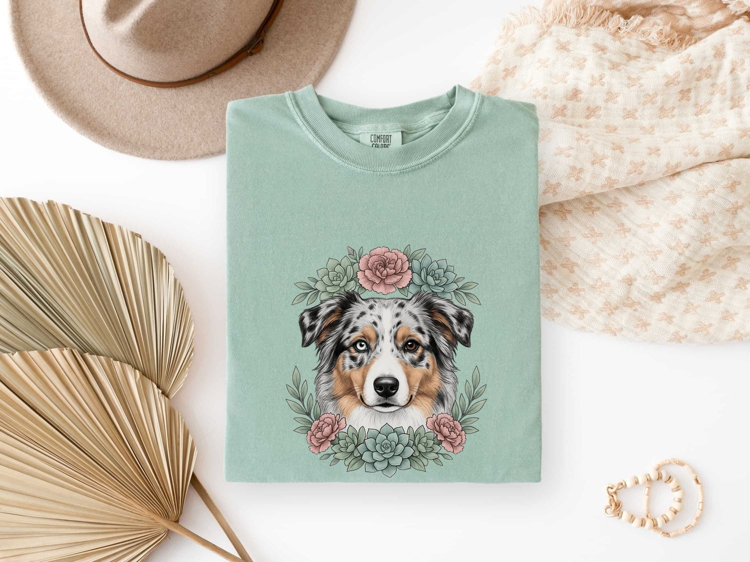 Australian Shepherd Shirt for Women – Floral Garden Cactus Realistic Dog Graphic Tee