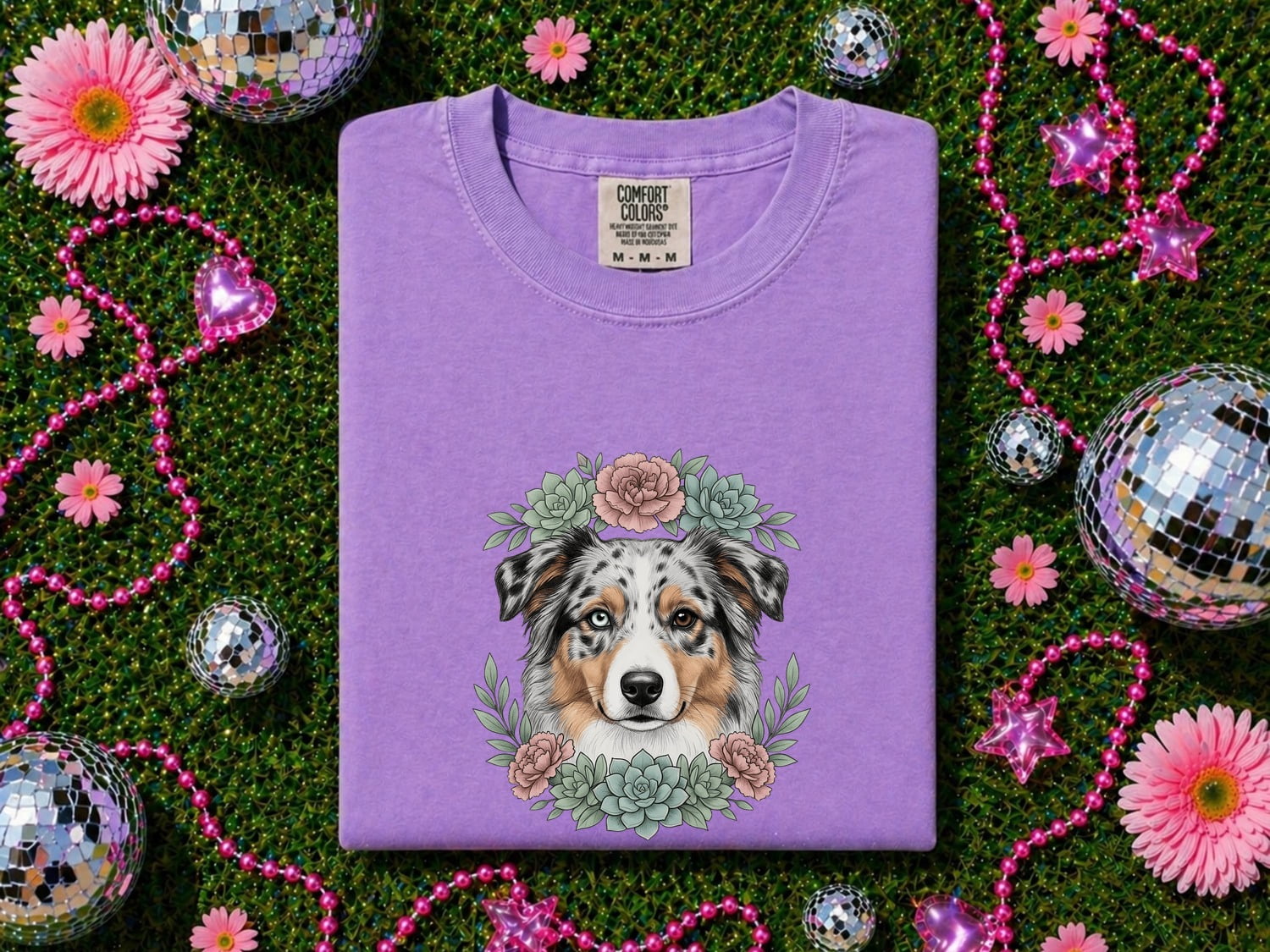Australian Shepherd Shirt for Women – Floral Garden Cactus Realistic Dog Graphic Tee