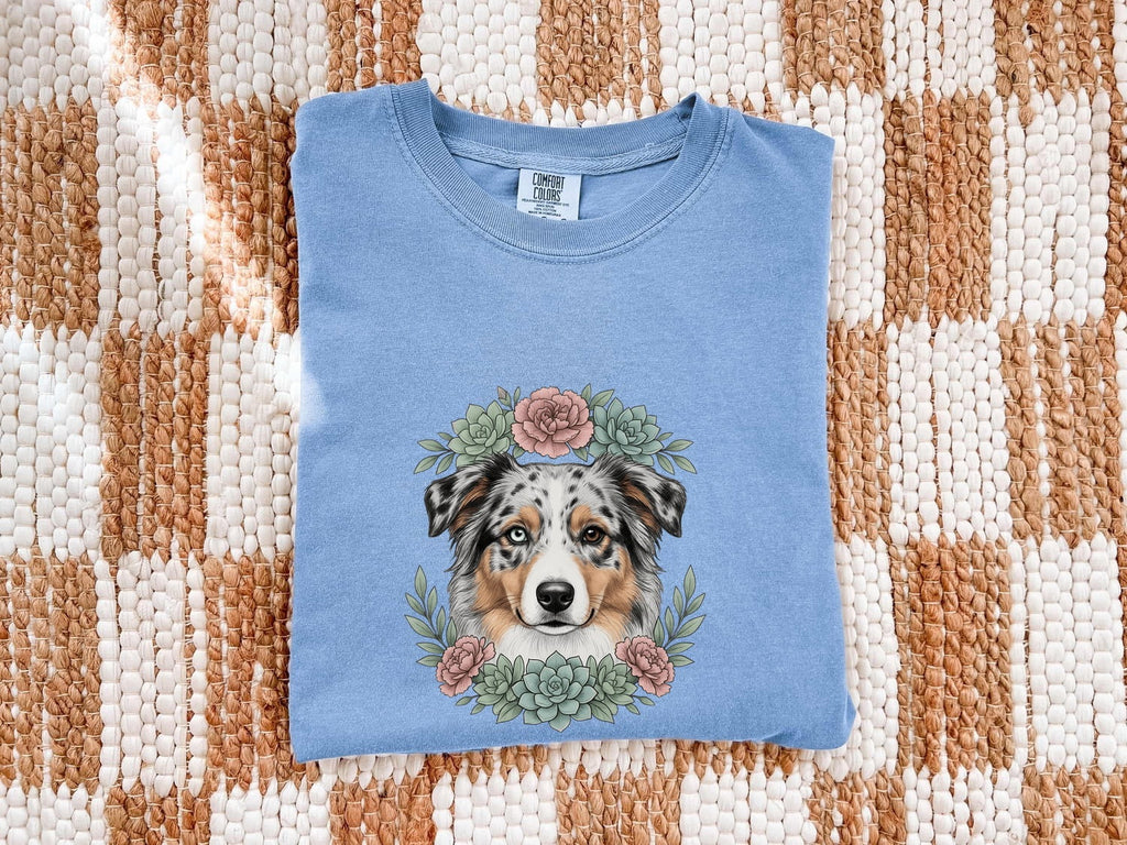 Australian Shepherd Shirt for Women – Floral Garden Cactus Realistic Dog Graphic Tee