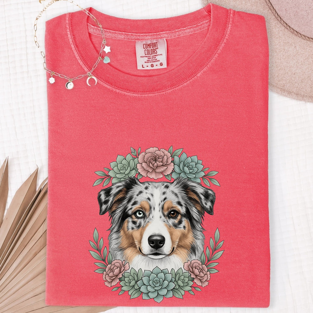 Australian Shepherd Shirt for Women – Floral Garden Cactus Realistic Dog Graphic Tee
