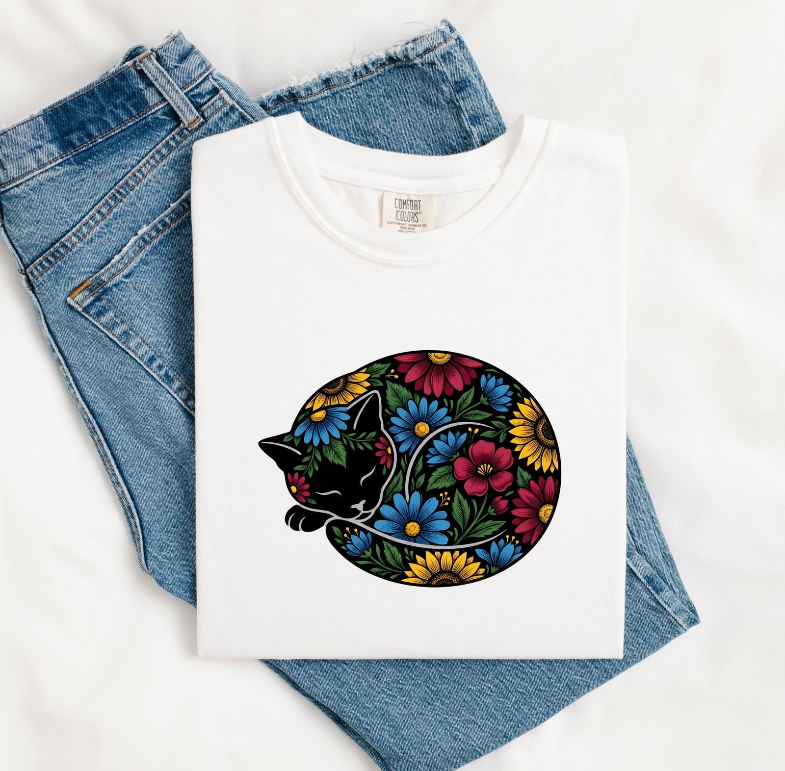 Flower Cat Shirt for Women – Boho Hippie Rustic Meadow Kitty Graphic Tee