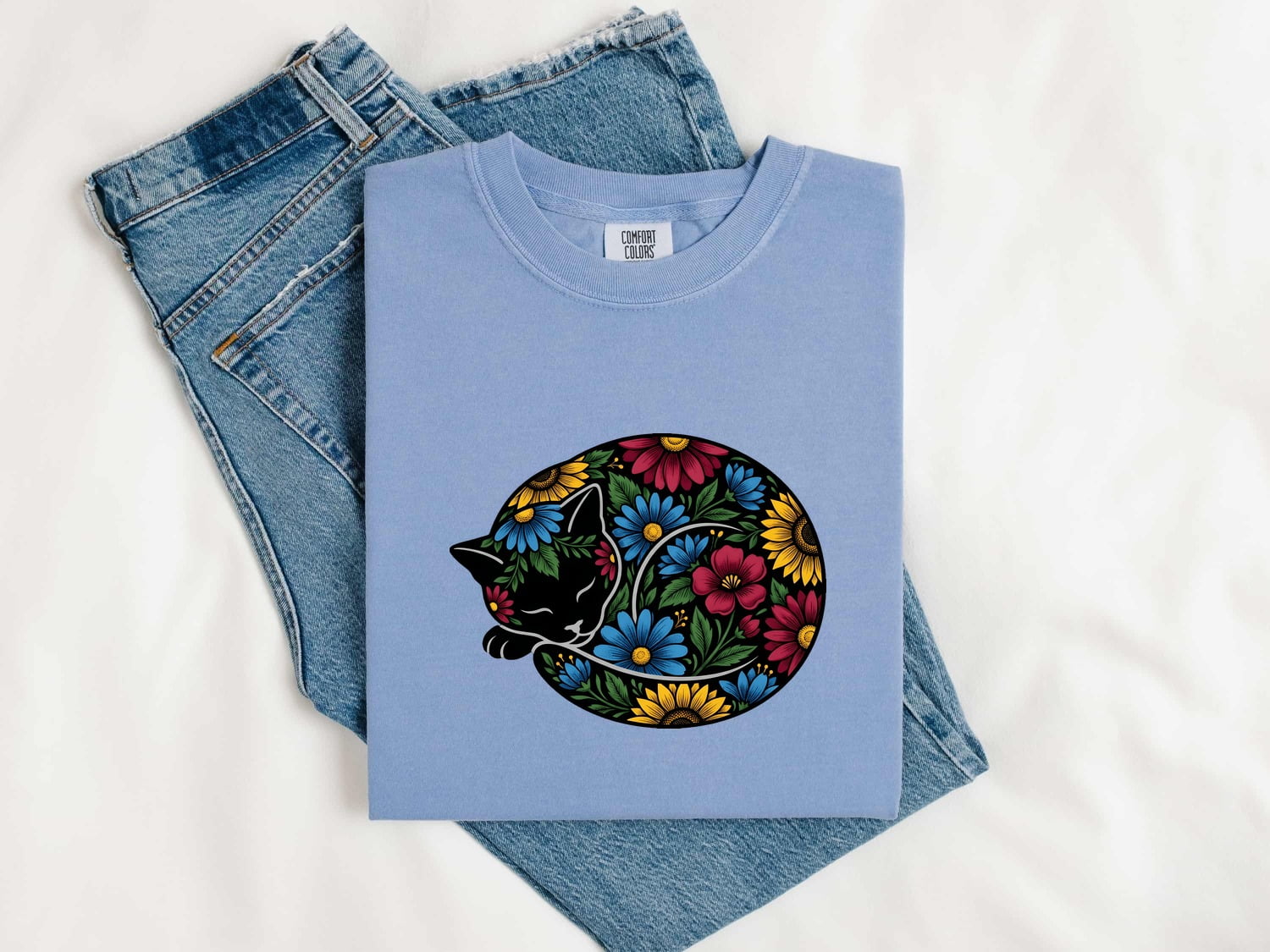 Flower Cat Shirt for Women – Boho Hippie Rustic Meadow Kitty Graphic Tee
