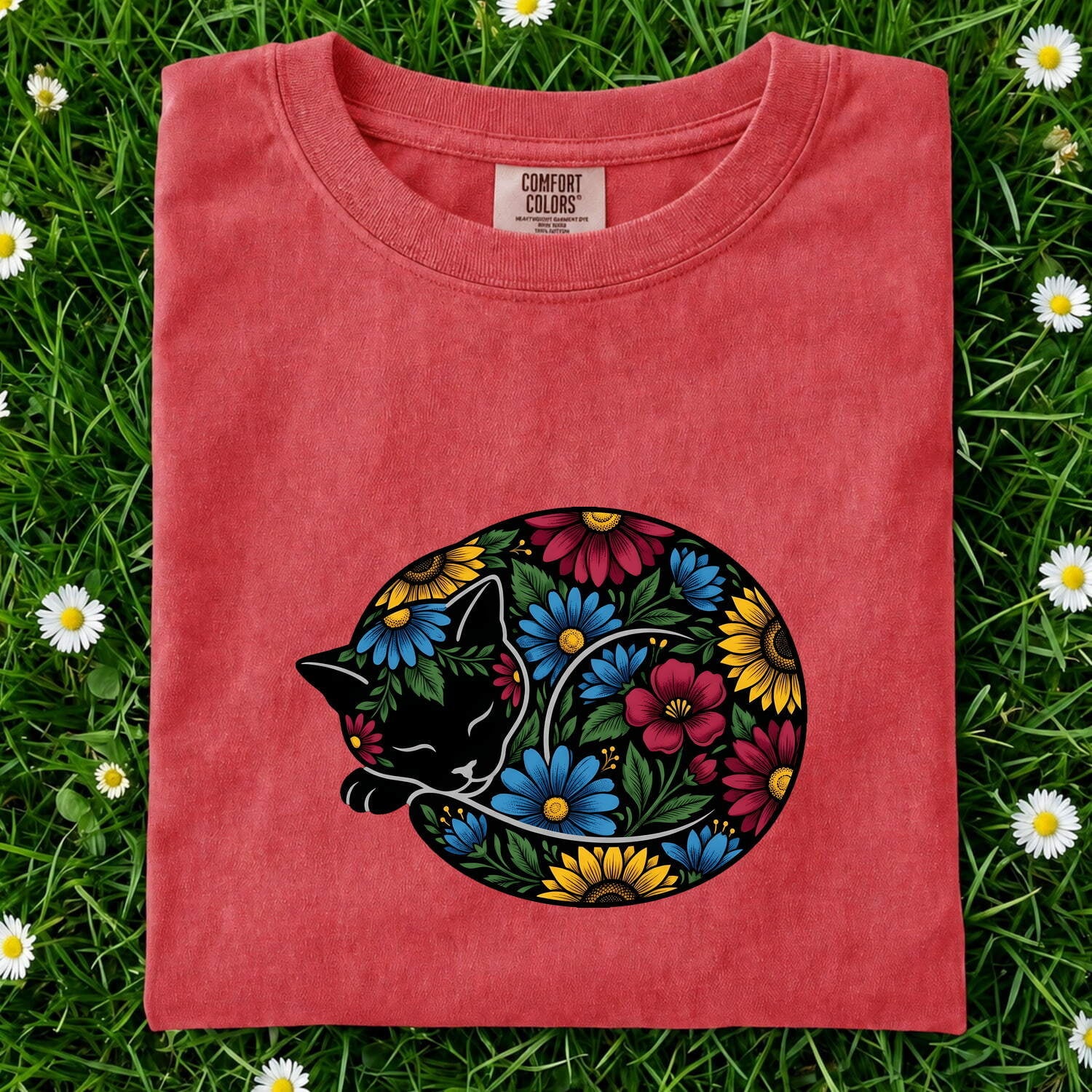 Flower Cat Shirt for Women – Boho Hippie Rustic Meadow Kitty Graphic Tee
