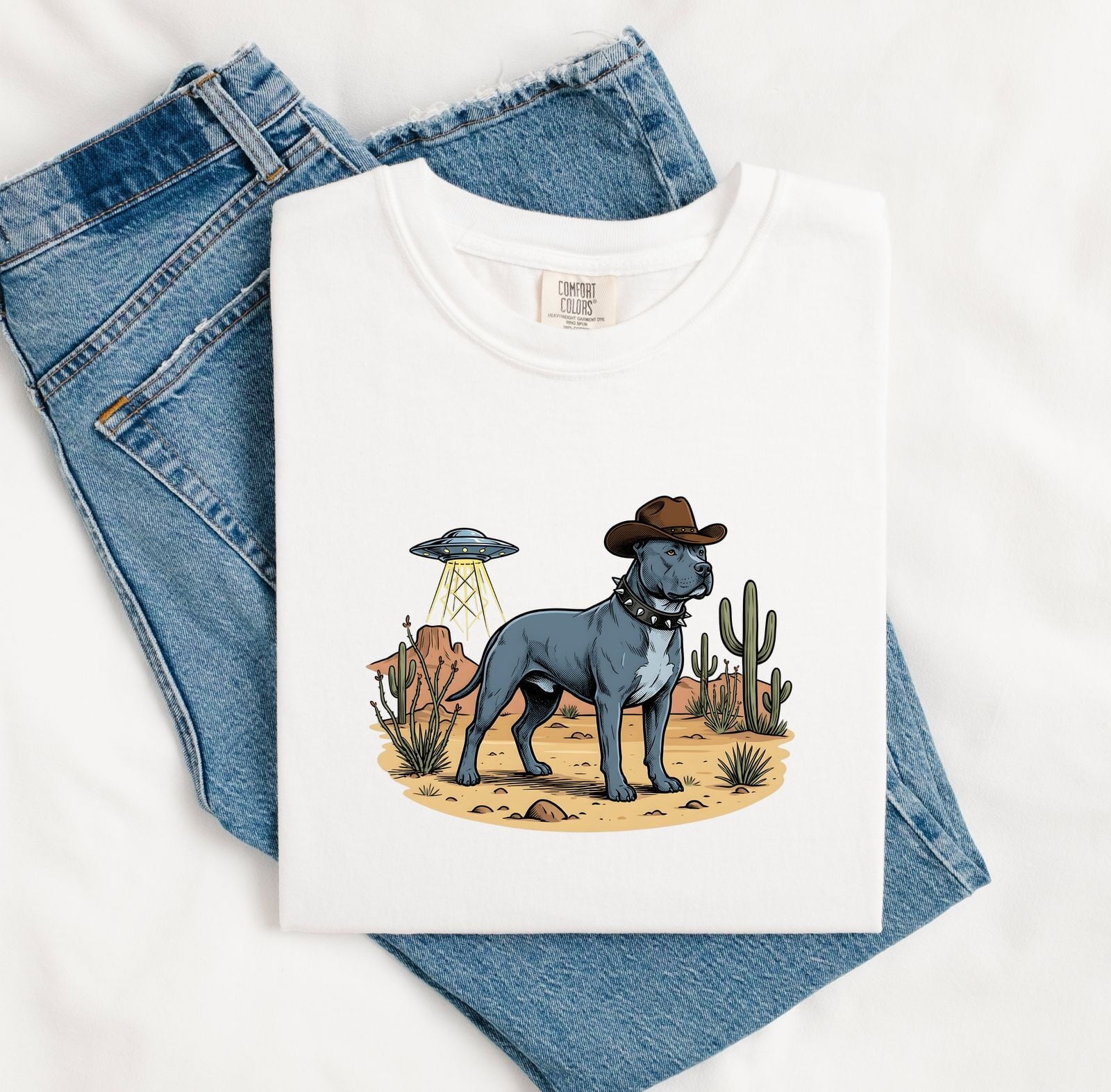 Pitbull Cowboy Shirt for Women – Retro Country Alien Spaceship Sketch Graphic Tee