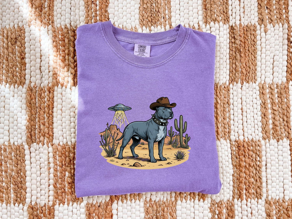 Pitbull Cowboy Shirt for Women – Retro Country Alien Spaceship Sketch Graphic Tee
