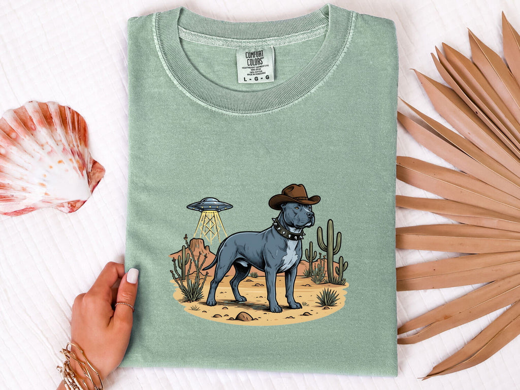 Pitbull Cowboy Shirt for Women – Retro Country Alien Spaceship Sketch Graphic Tee