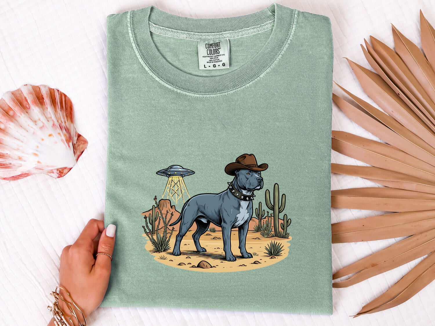 Pitbull Cowboy Shirt for Women – Retro Country Alien Spaceship Sketch Graphic Tee