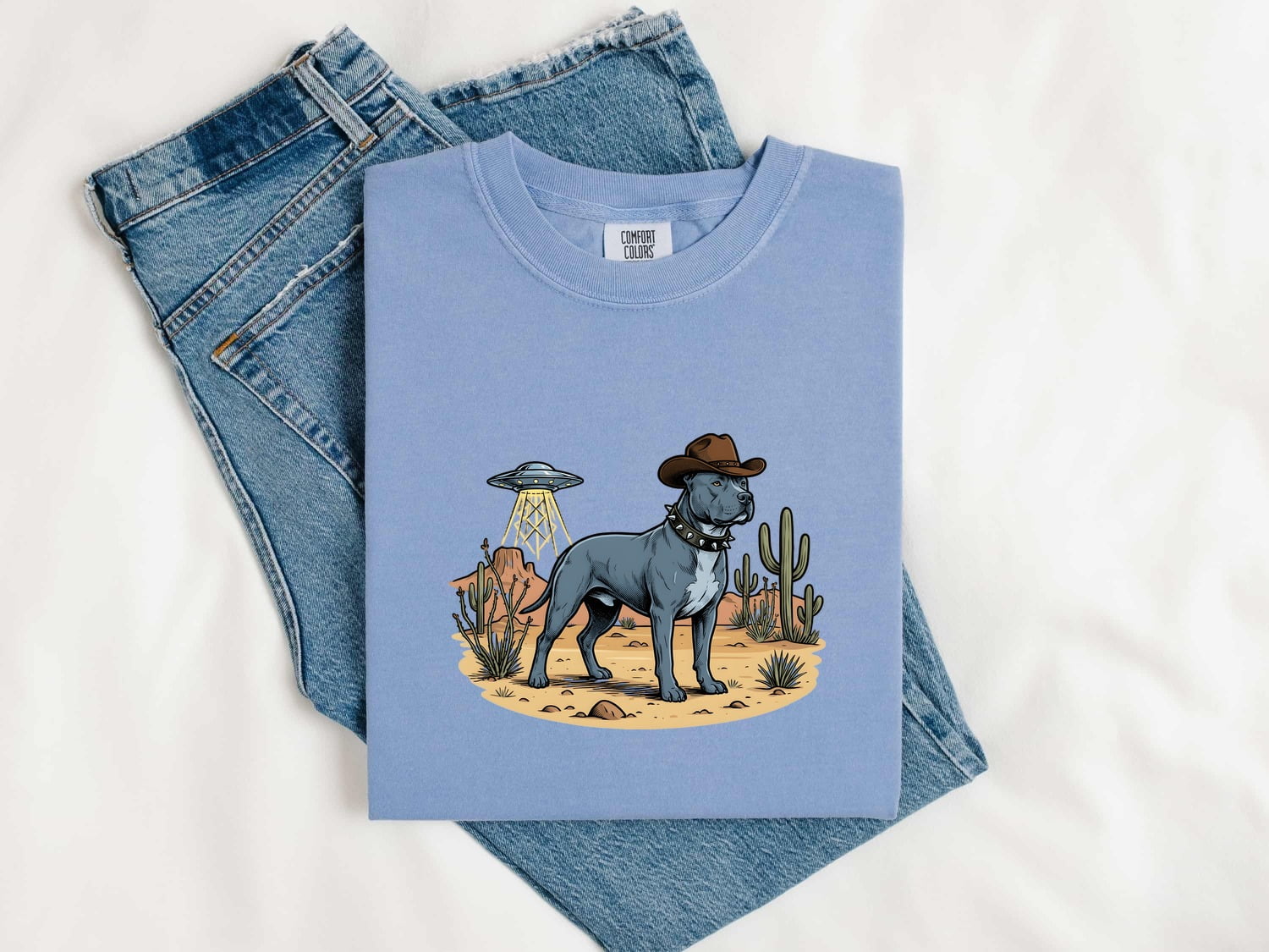Pitbull Cowboy Shirt for Women – Retro Country Alien Spaceship Sketch Graphic Tee