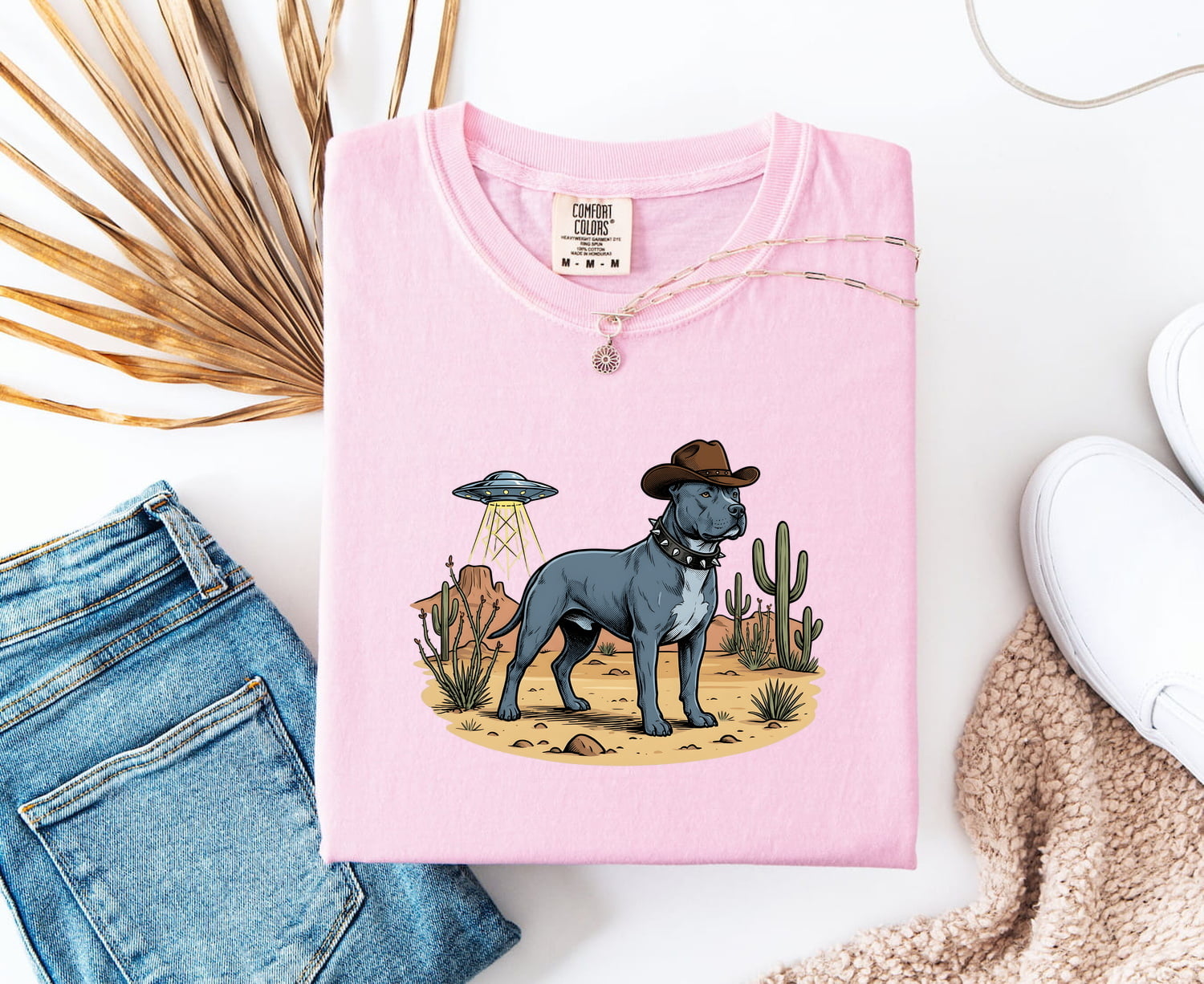 Pitbull Cowboy Shirt for Women – Retro Country Alien Spaceship Sketch Graphic Tee