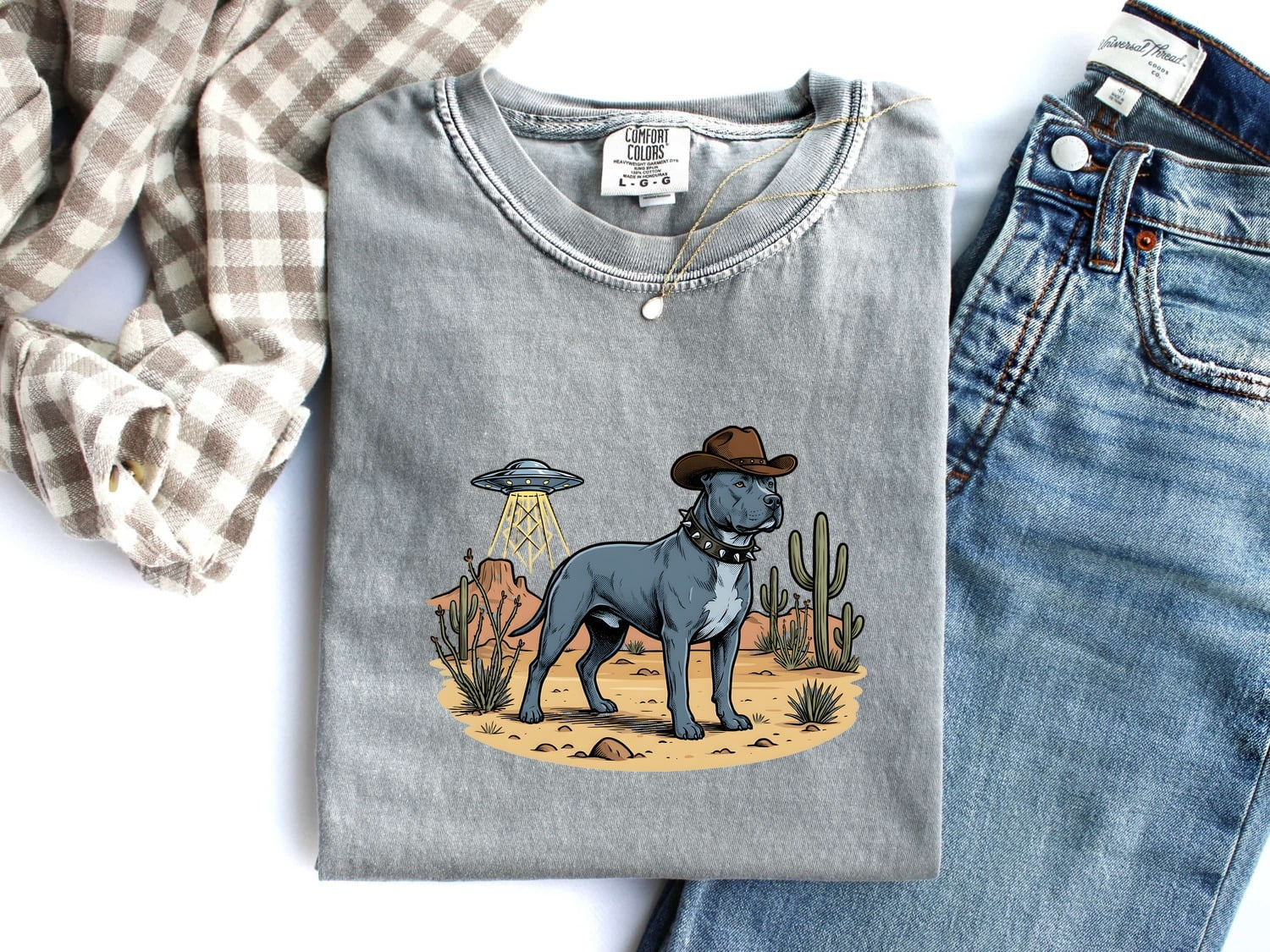 Pitbull Cowboy Shirt for Women – Retro Country Alien Spaceship Sketch Graphic Tee