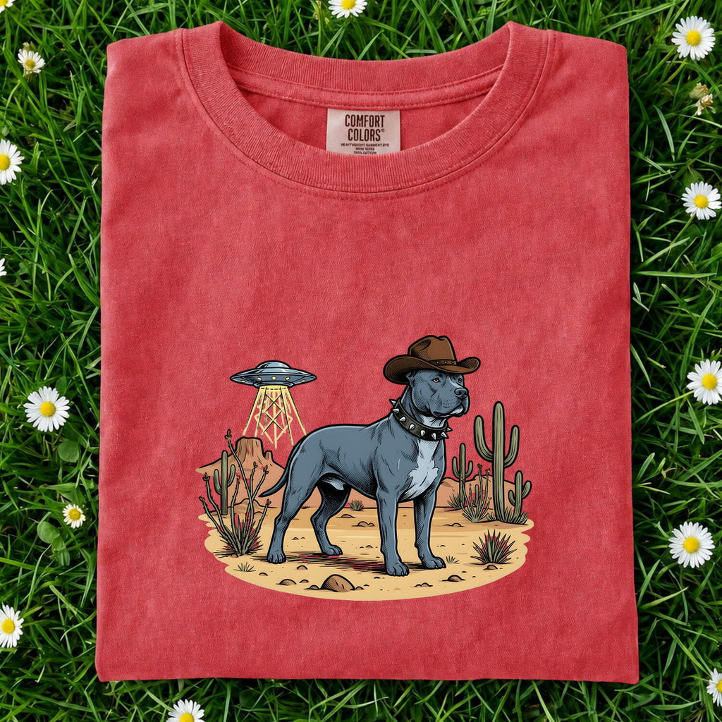 Pitbull Cowboy Shirt for Women – Retro Country Alien Spaceship Sketch Graphic Tee