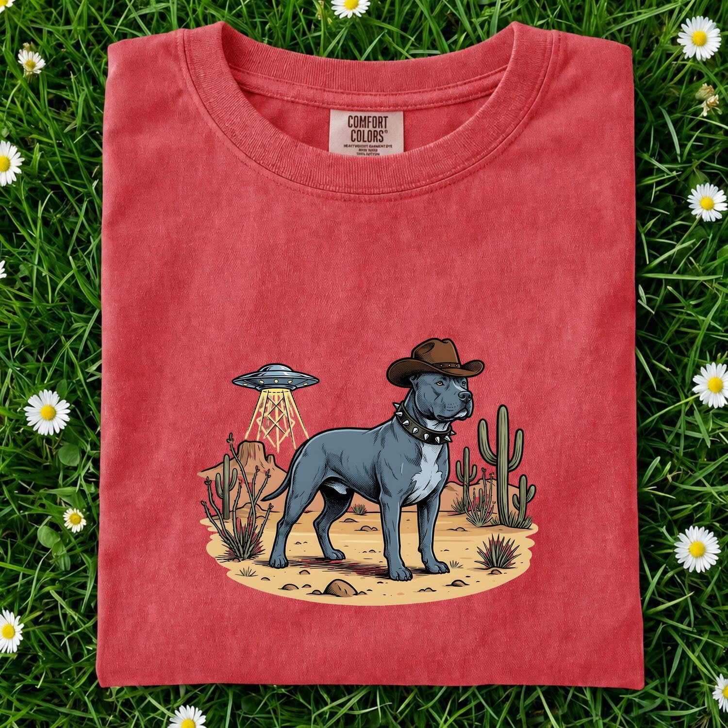 Pitbull Cowboy Shirt for Women – Retro Country Alien Spaceship Sketch Graphic Tee