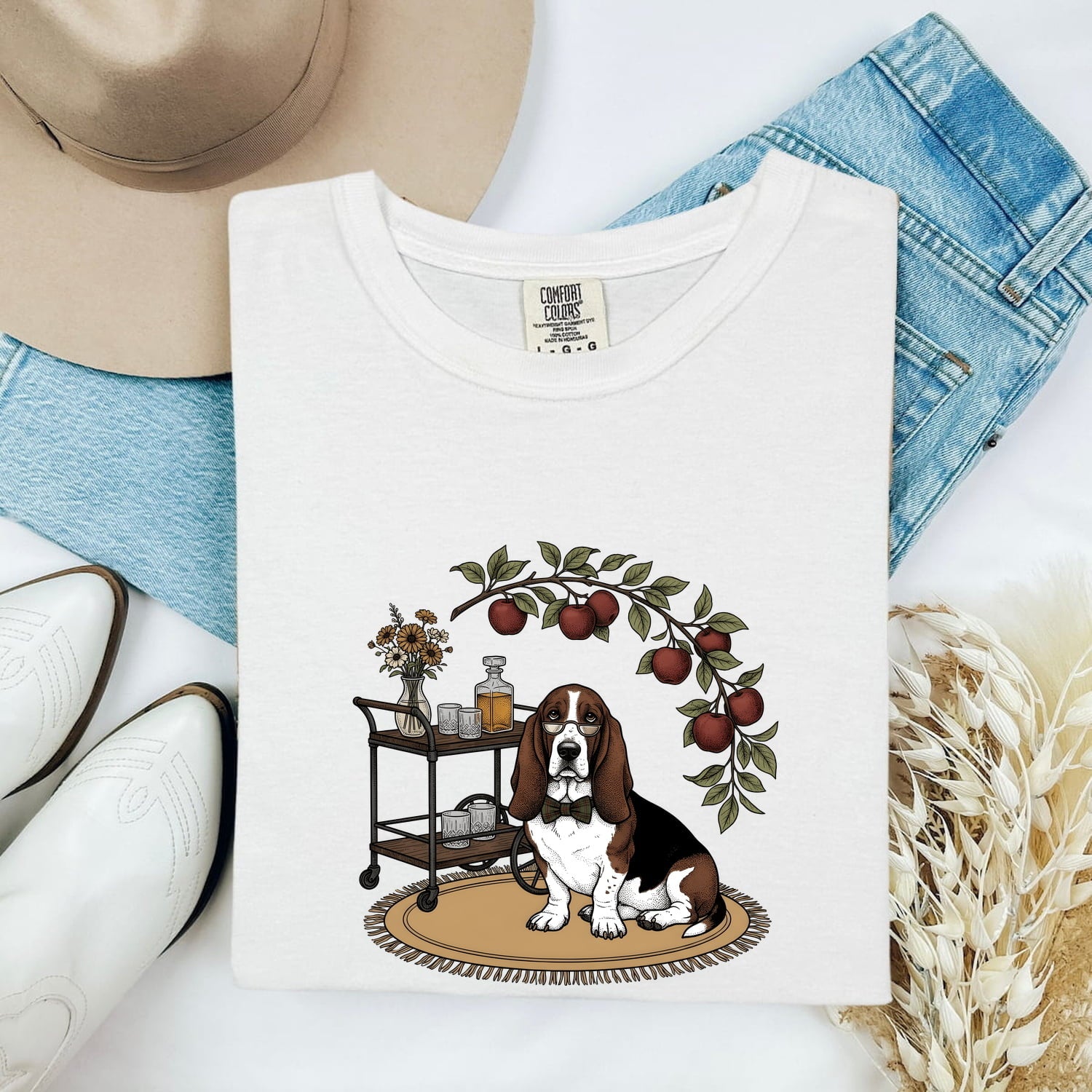 Basset Hound Shirt for Women – Hand Drawn Line Art Bar Cart Dog Graphic Tee