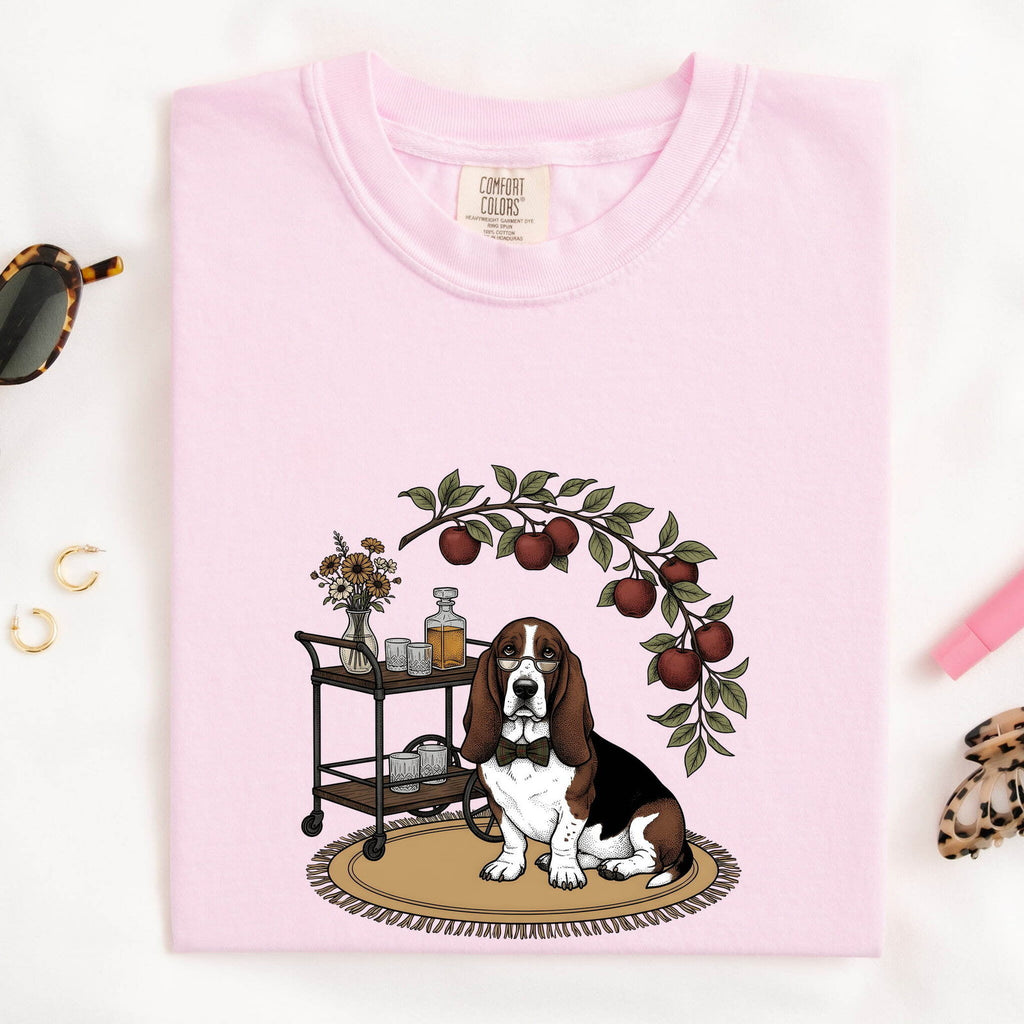 Basset Hound Shirt for Women – Hand Drawn Line Art Bar Cart Dog Graphic Tee