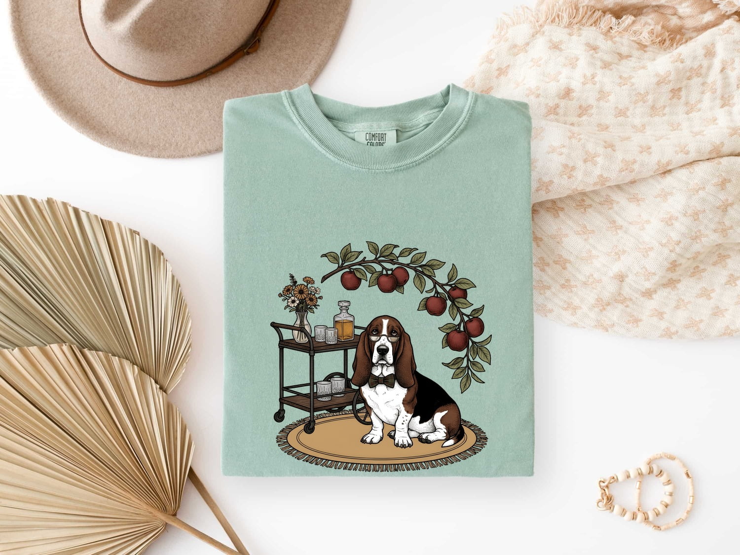 Basset Hound Shirt for Women – Hand Drawn Line Art Bar Cart Dog Graphic Tee
