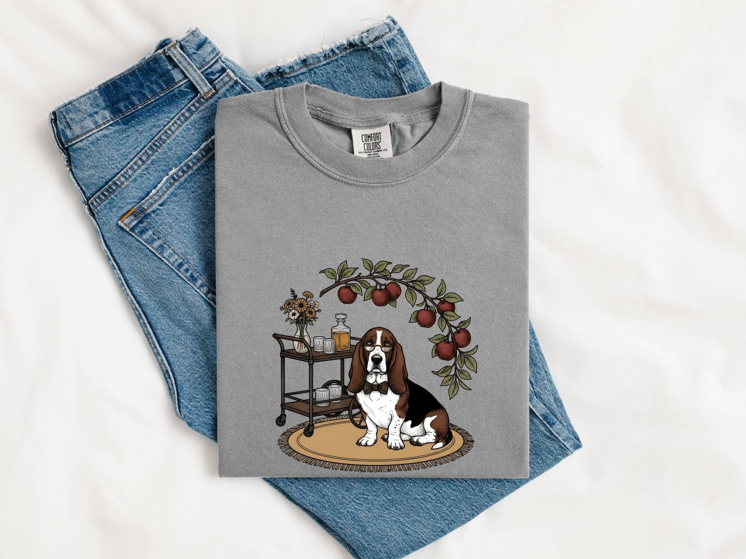 Basset Hound Shirt for Women – Hand Drawn Line Art Bar Cart Dog Graphic Tee