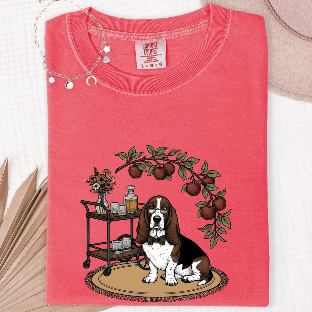 Basset Hound Shirt for Women – Hand Drawn Line Art Bar Cart Dog Graphic Tee