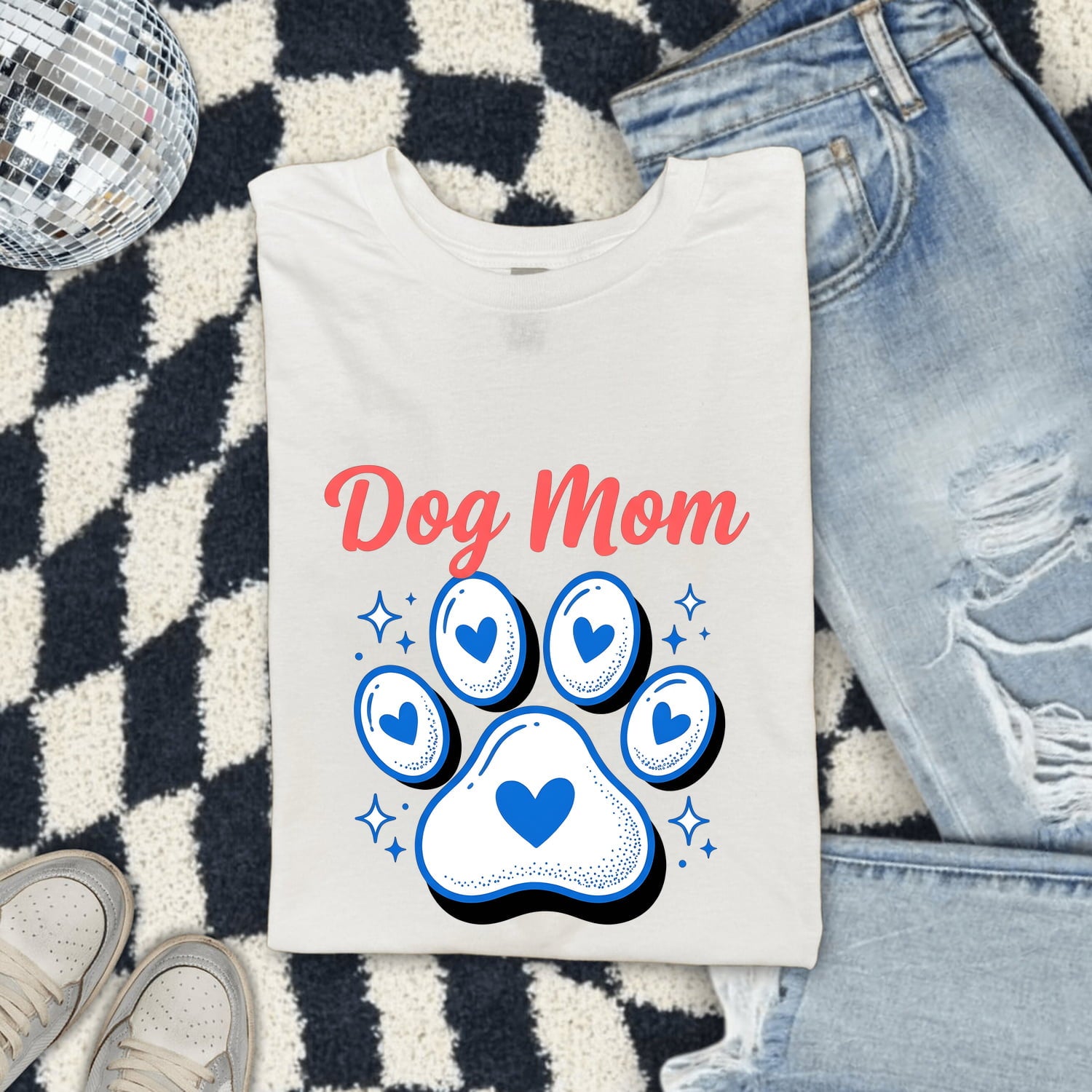 Dog Mom Shirt for Women – Vivid Colorful Puppy Paw Love Symbols Graphic Tee