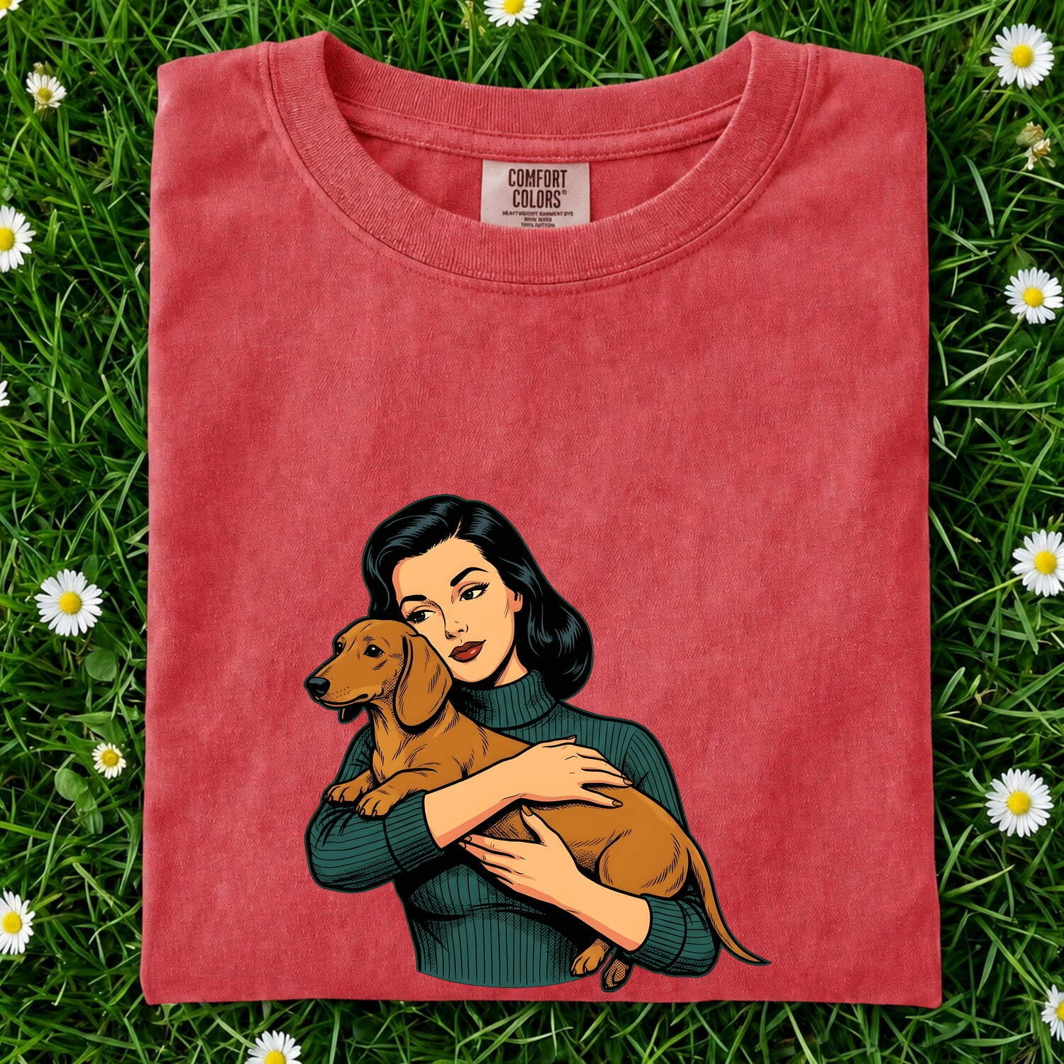 Dachshund Shirt for Women – Retro Cartoon Hug Wiener Dog Doodle Graphic Tee