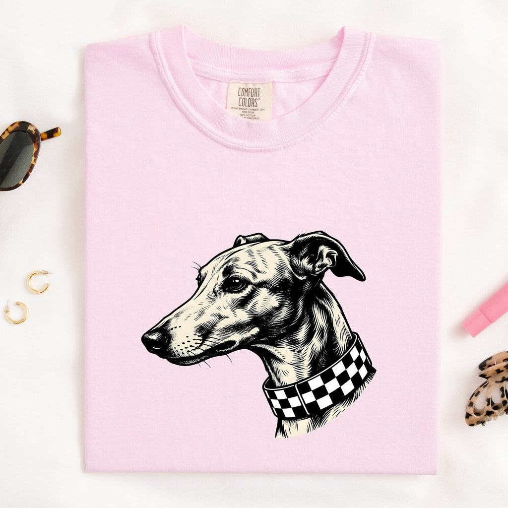 Greyhound Shirt for Women – Rustic Doodle Patterned Collar Whippet Graphic Tee