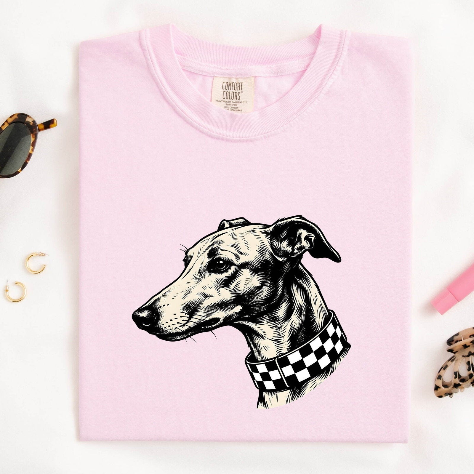 Greyhound Shirt for Women – Rustic Doodle Patterned Collar Whippet Graphic Tee