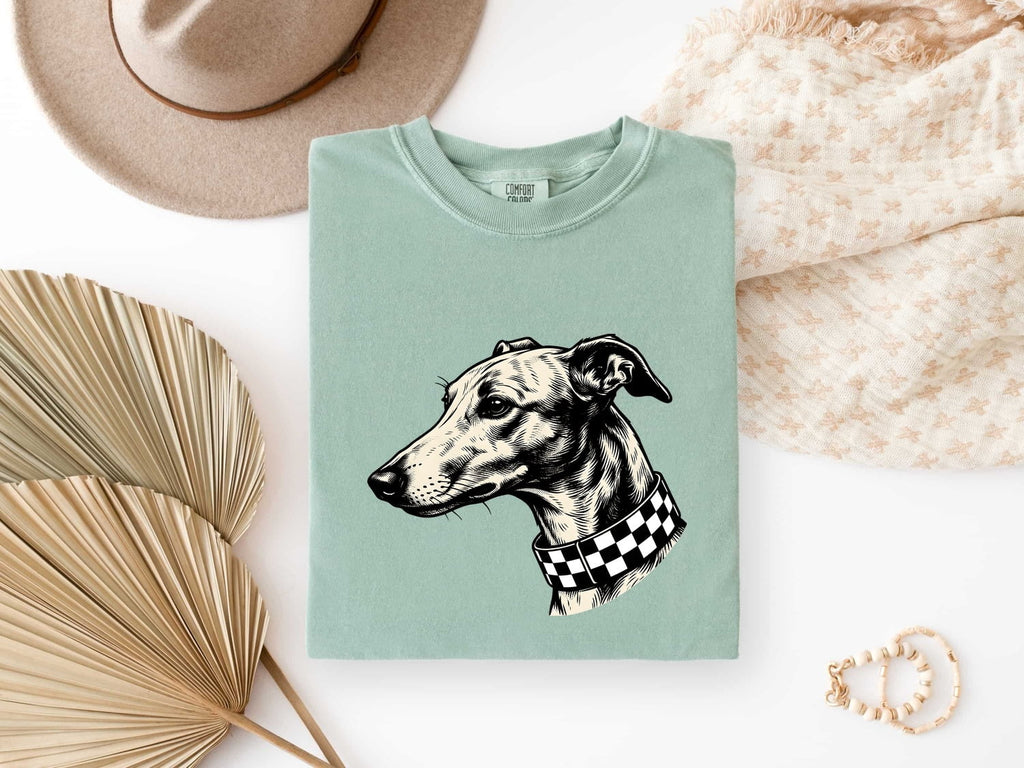 Greyhound Shirt for Women – Rustic Doodle Patterned Collar Whippet Graphic Tee