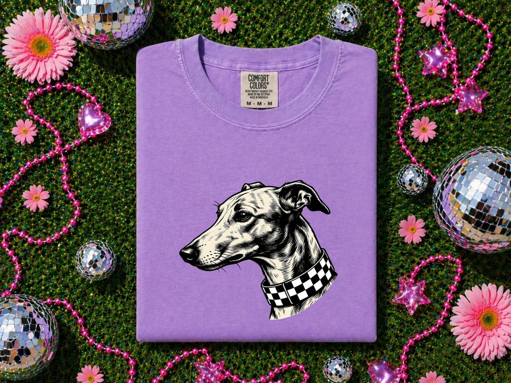 Greyhound Shirt for Women – Rustic Doodle Patterned Collar Whippet Graphic Tee