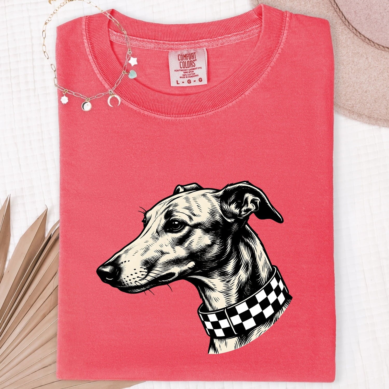 Greyhound Shirt for Women – Rustic Doodle Patterned Collar Whippet Graphic Tee