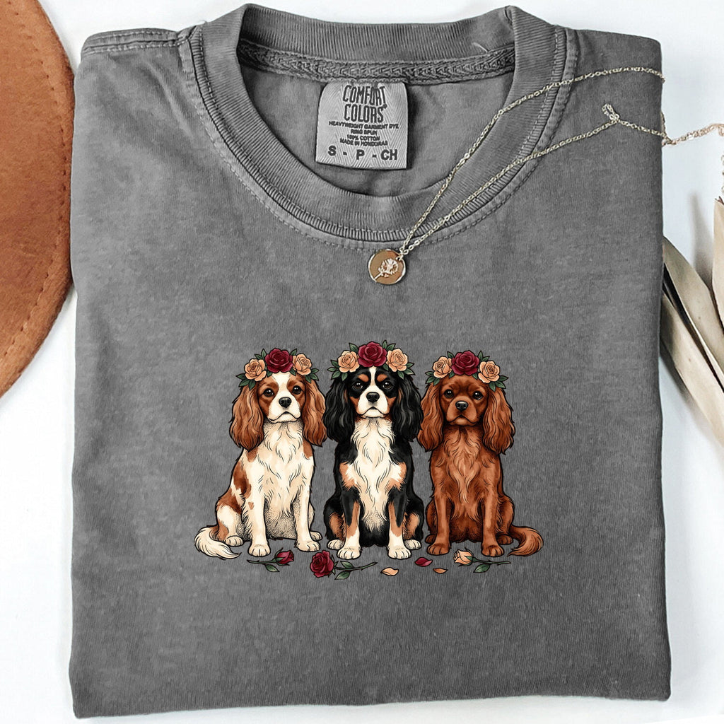 Cavalier Spaniel Shirt for Women – Retro Hand Drawn Flower Wreath Dog Graphic Tee