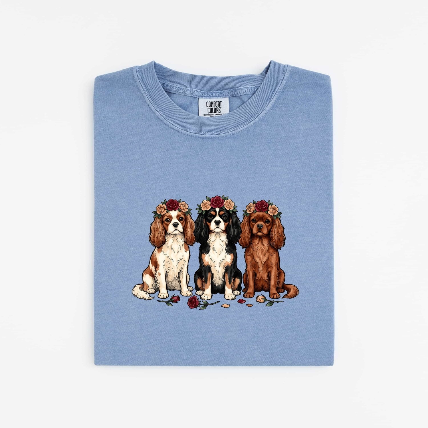 Cavalier Spaniel Shirt for Women – Retro Hand Drawn Flower Wreath Dog Graphic Tee
