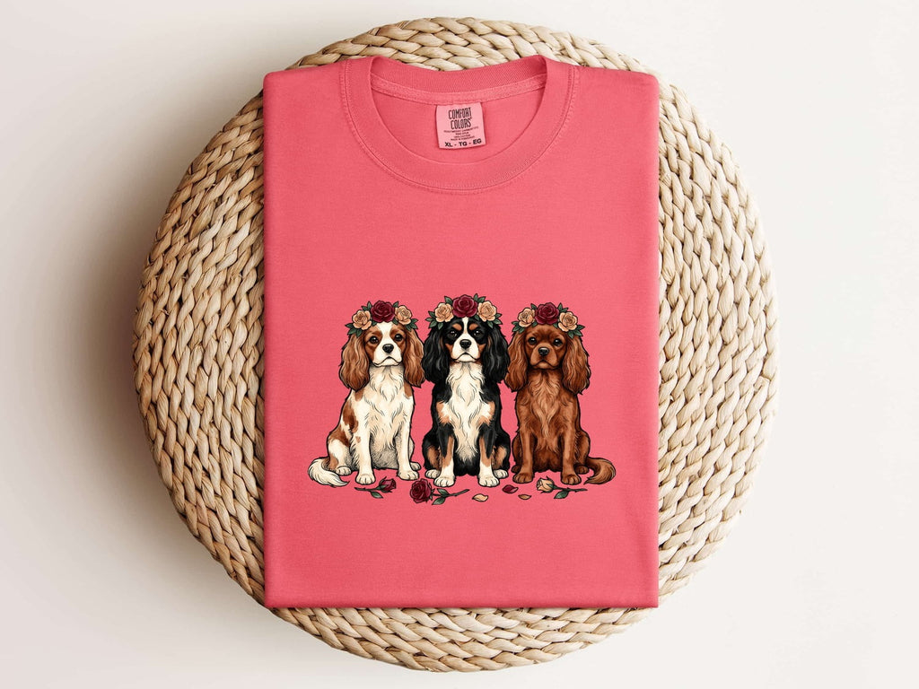 Cavalier Spaniel Shirt for Women – Retro Hand Drawn Flower Wreath Dog Graphic Tee