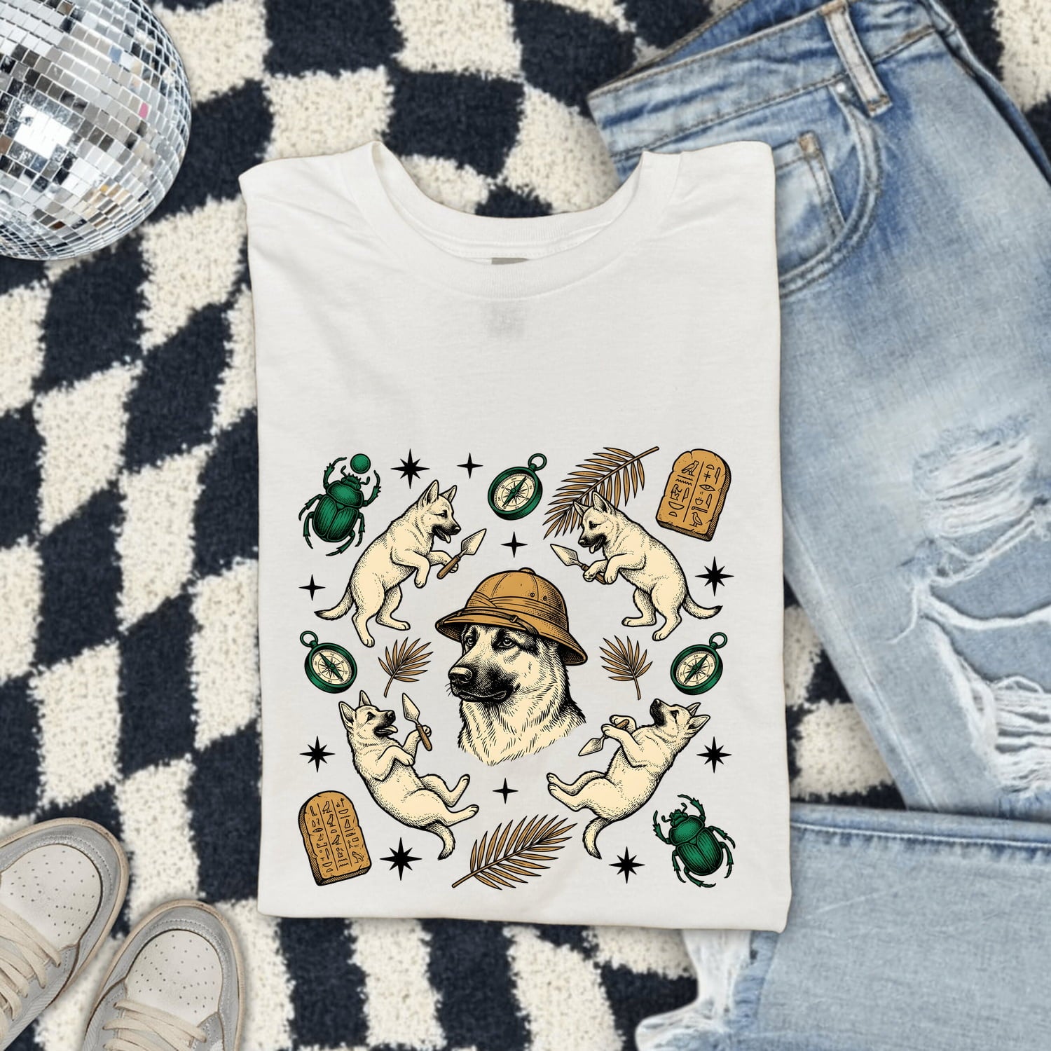 German Shepherd Shirt for Women – Adventure Sketch Old Compass Alsatian Graphic Tee
