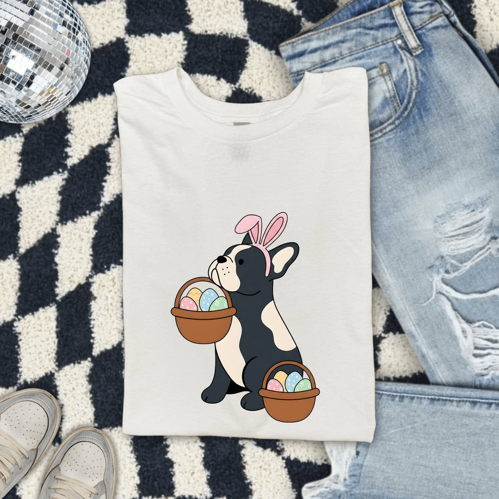 Easter French Bulldog Shirt for Women – Kawaii Cartoon Easter Basket Dog Graphic Tee