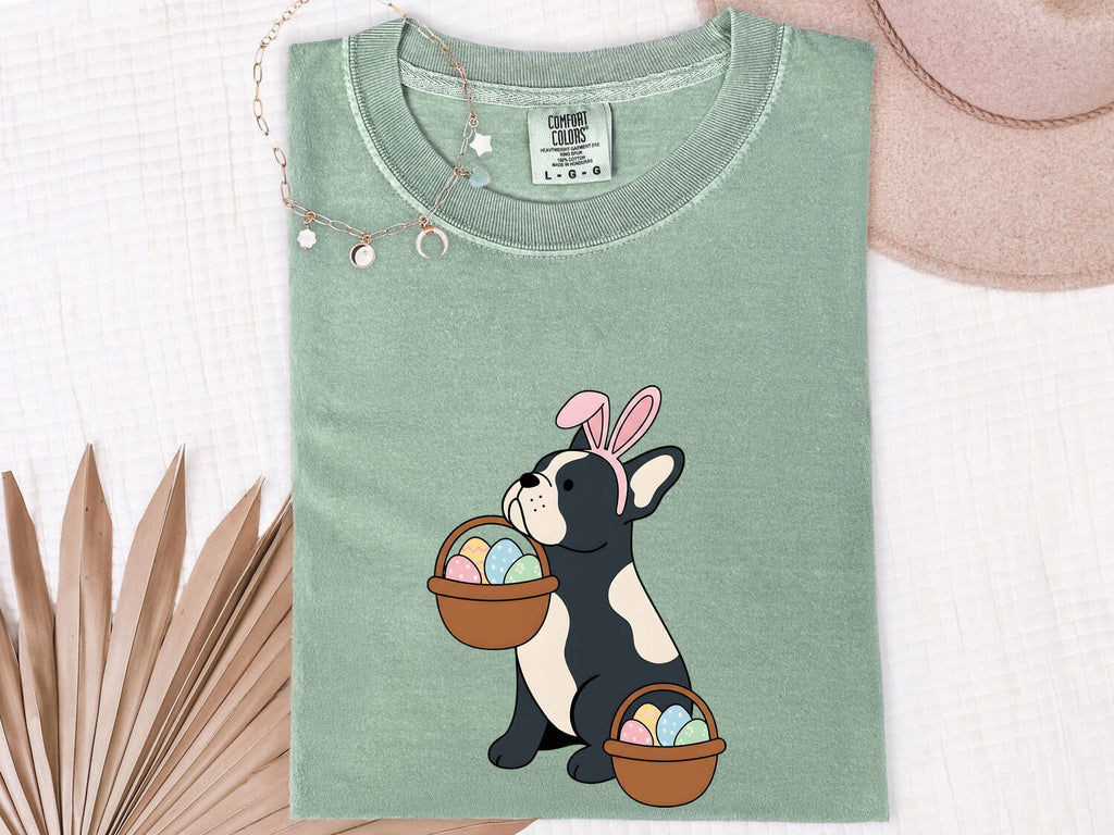 Easter French Bulldog Shirt for Women – Kawaii Cartoon Easter Basket Dog Graphic Tee