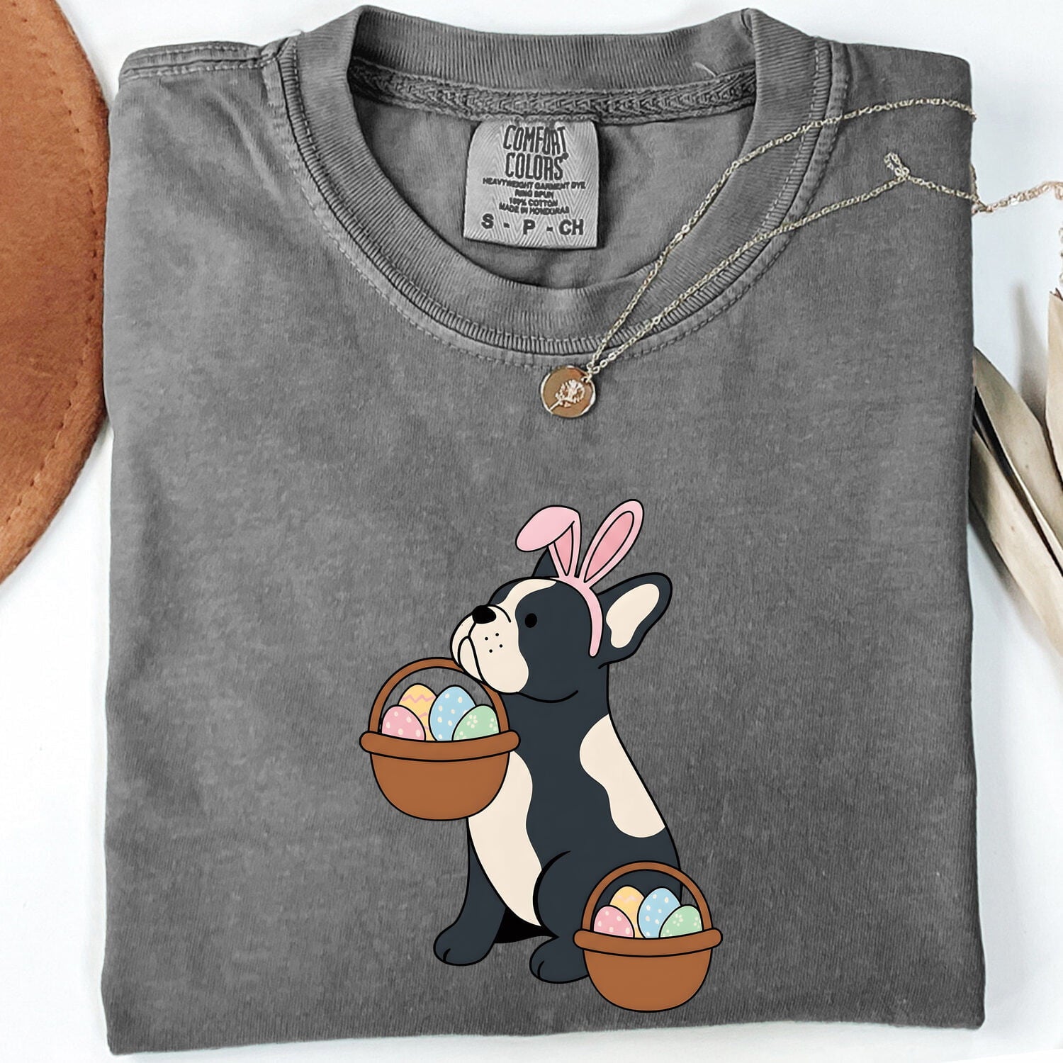Easter French Bulldog Shirt for Women – Kawaii Cartoon Easter Basket Dog Graphic Tee