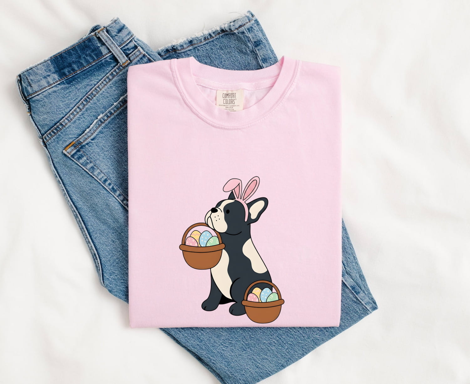 Easter French Bulldog Shirt for Women – Kawaii Cartoon Easter Basket Dog Graphic Tee