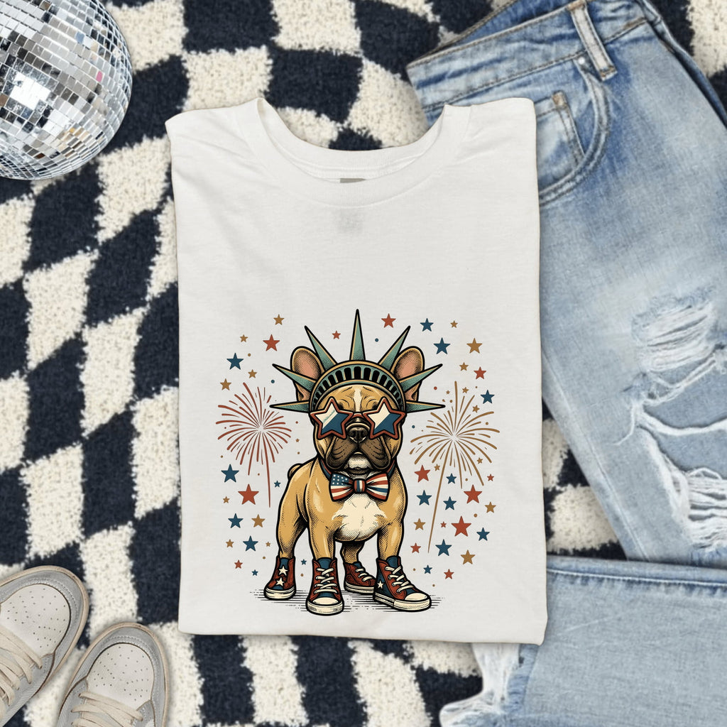 French Bulldog Shirt for Women – Patriotic Retro Fireworks Comic Dog Graphic Tee