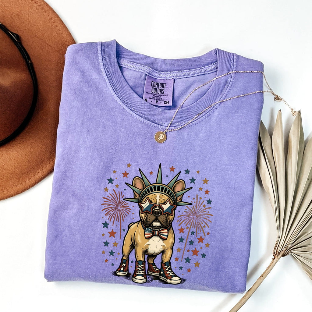 French Bulldog Shirt for Women – Patriotic Retro Fireworks Comic Dog Graphic Tee