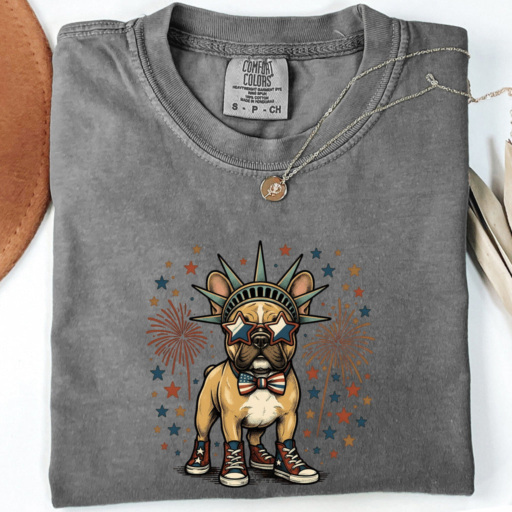 French Bulldog Shirt for Women – Patriotic Retro Fireworks Comic Dog Graphic Tee