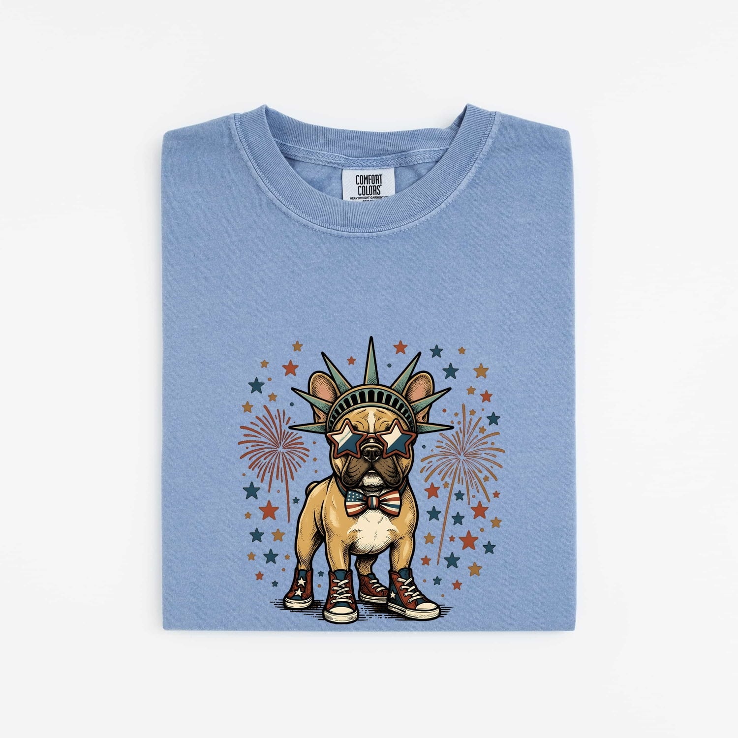 French Bulldog Shirt for Women – Patriotic Retro Fireworks Comic Dog Graphic Tee