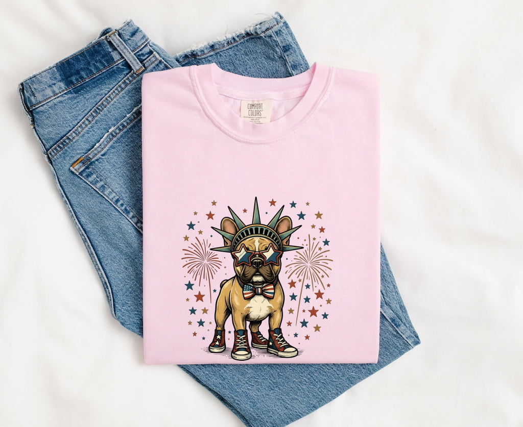 French Bulldog Shirt for Women – Patriotic Retro Fireworks Comic Dog Graphic Tee