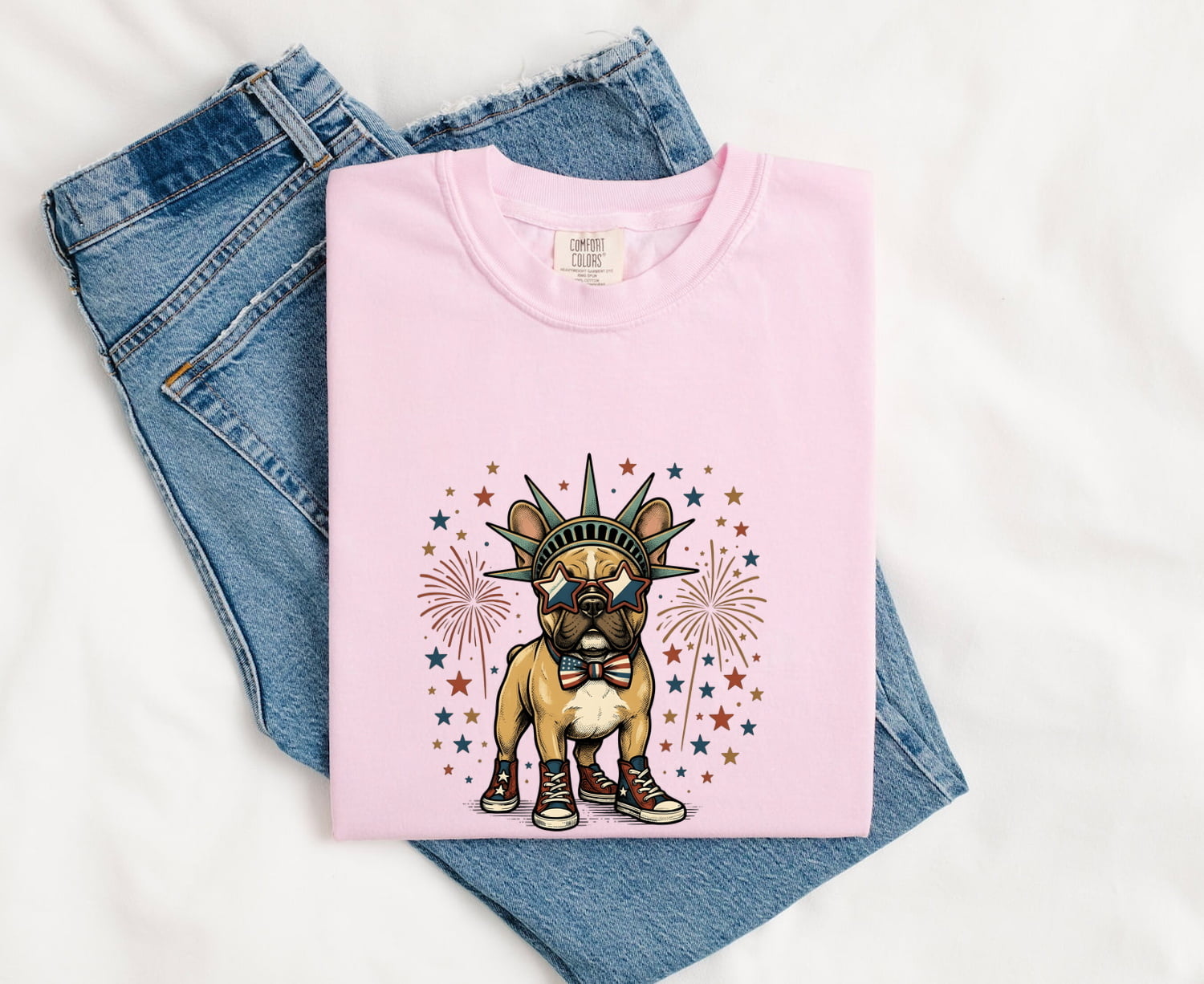 French Bulldog Shirt for Women – Patriotic Retro Fireworks Comic Dog Graphic Tee