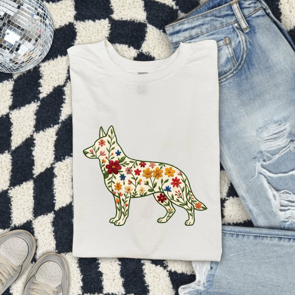 German Shepherd Shirt for Women – Folk Floral Embroidery Botanical Puppy Graphic Tee