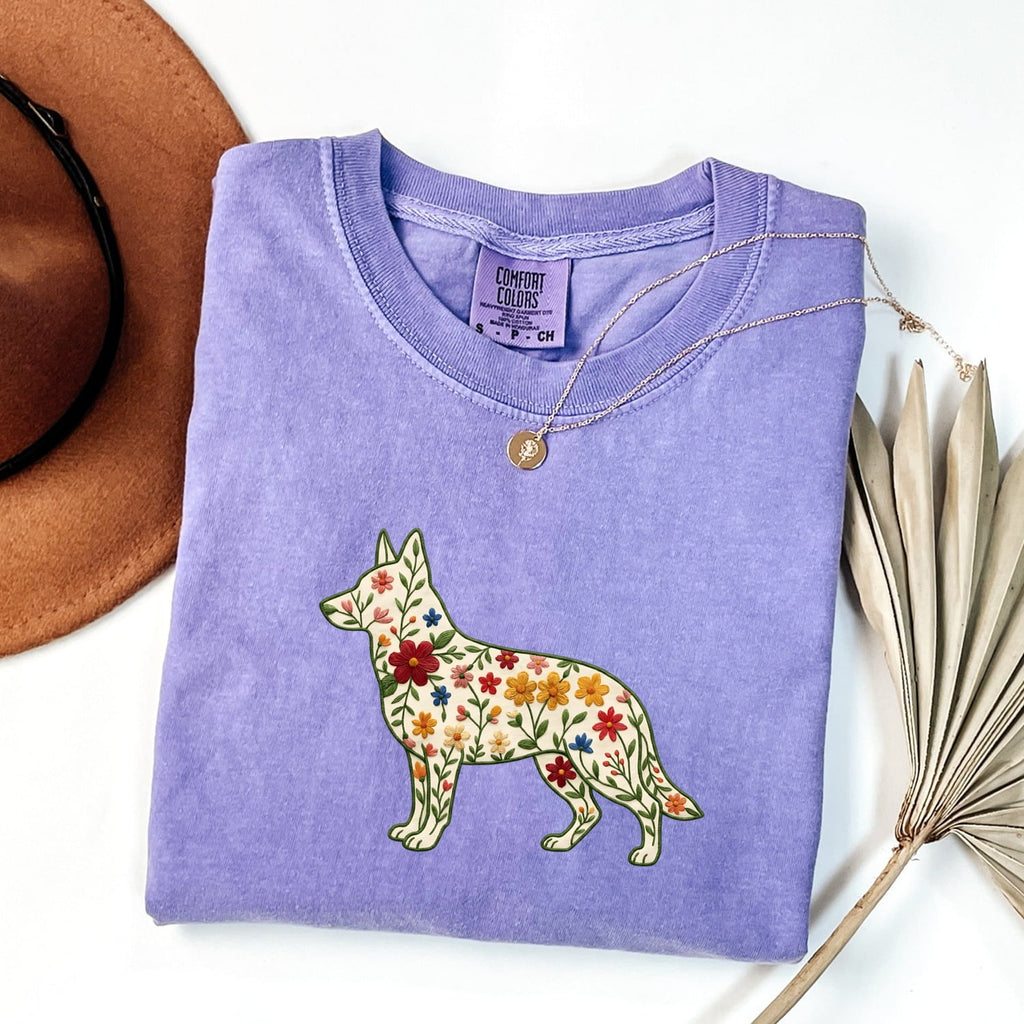 German Shepherd Shirt for Women – Folk Floral Embroidery Botanical Puppy Graphic Tee
