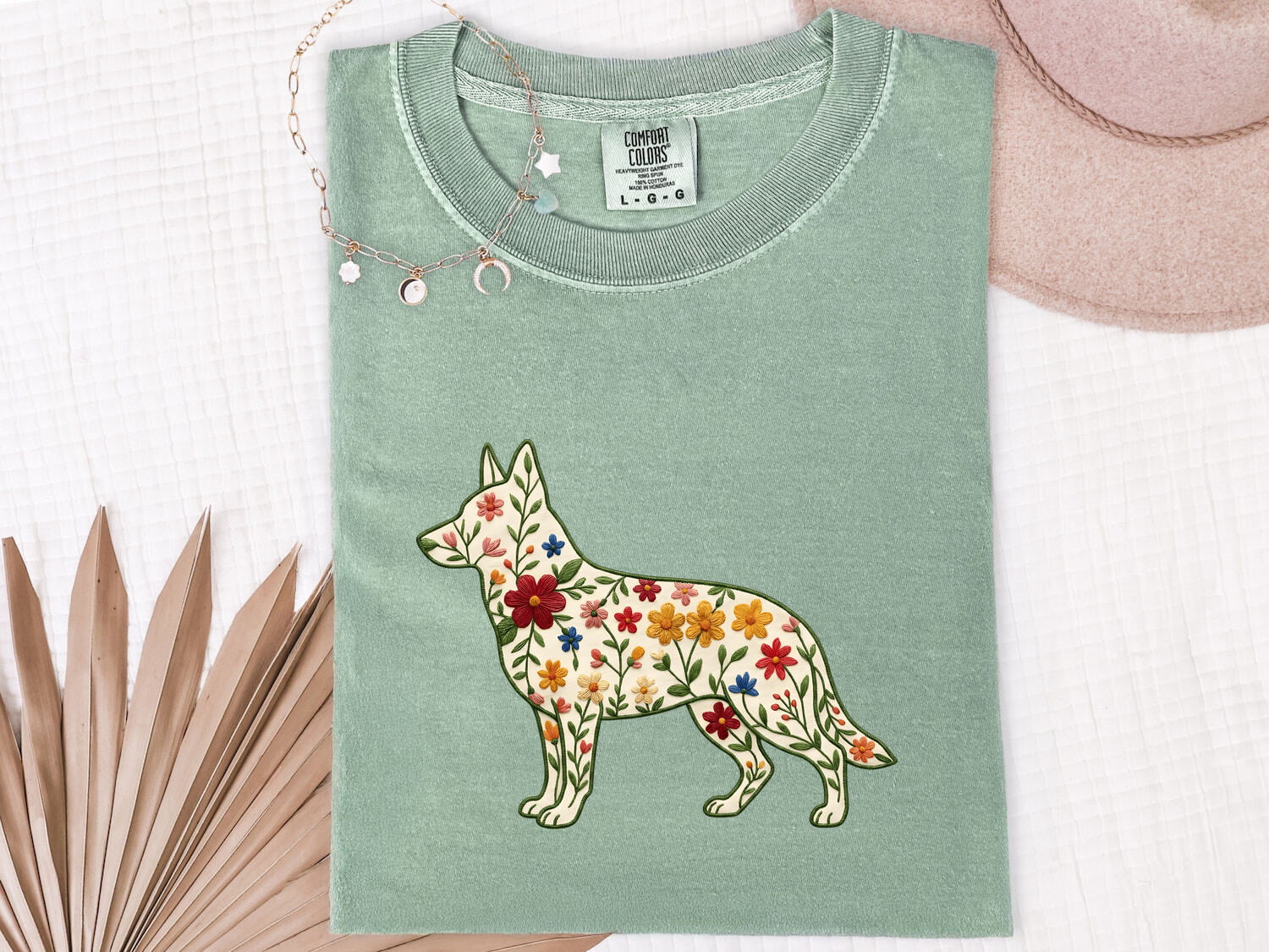 German Shepherd Shirt for Women – Folk Floral Embroidery Botanical Puppy Graphic Tee