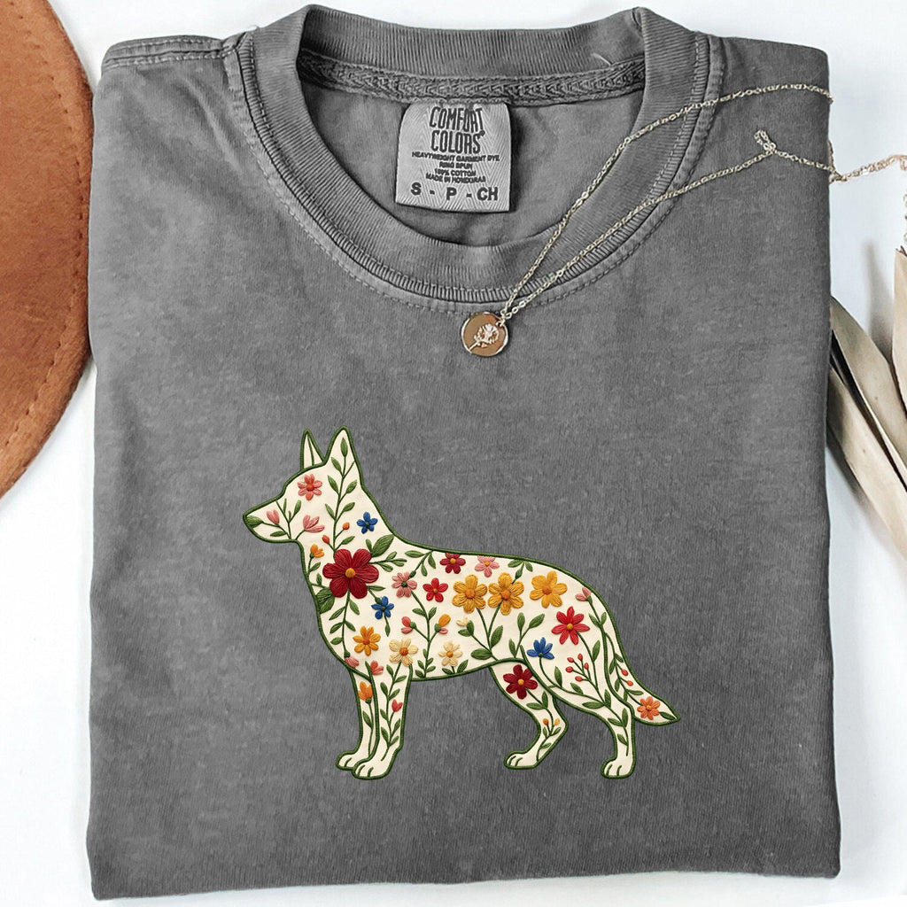 German Shepherd Shirt for Women – Folk Floral Embroidery Botanical Puppy Graphic Tee