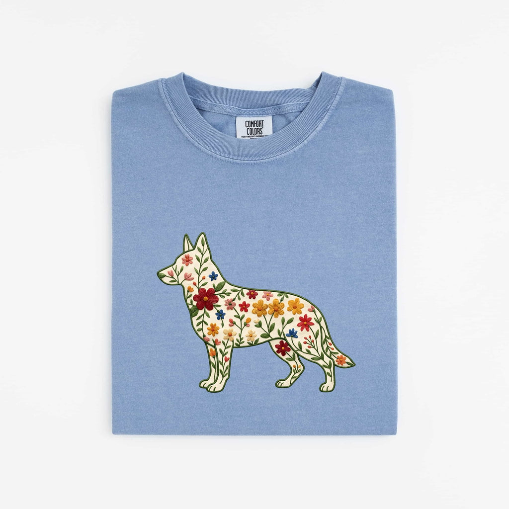 German Shepherd Shirt for Women – Folk Floral Embroidery Botanical Puppy Graphic Tee