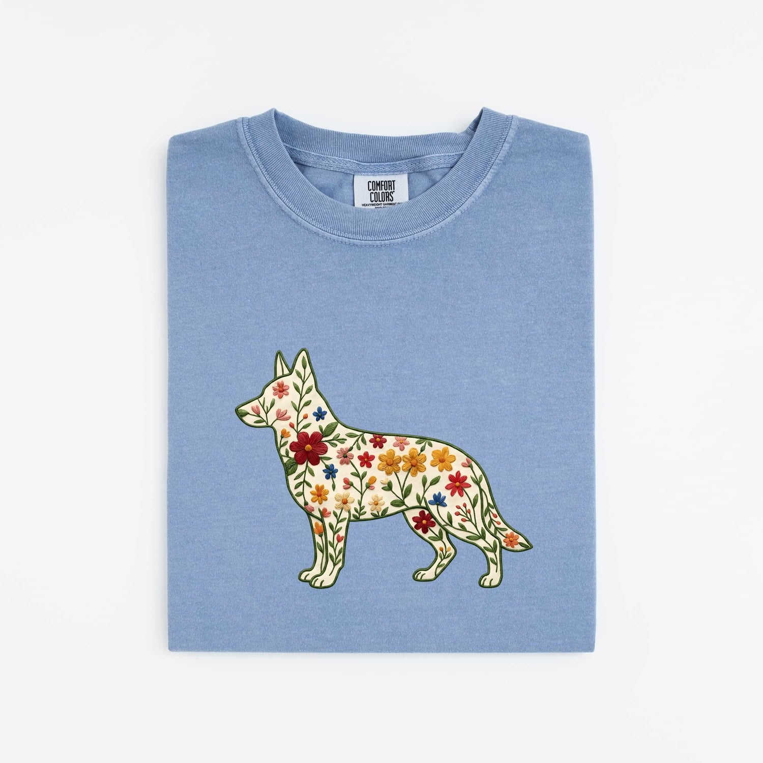 German Shepherd Shirt for Women – Folk Floral Embroidery Botanical Puppy Graphic Tee