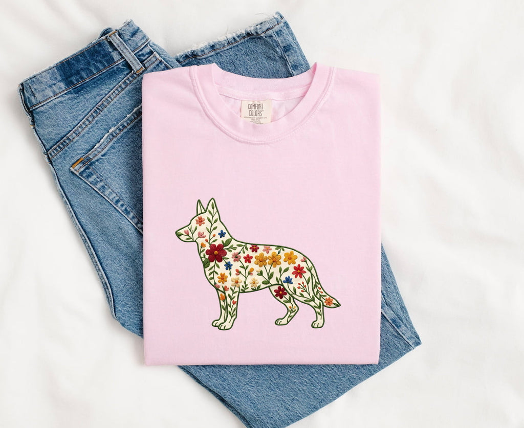German Shepherd Shirt for Women – Folk Floral Embroidery Botanical Puppy Graphic Tee